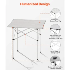 VEVOR Folding Camping Table, Portable Roll Up Side Tables, Small Lightweight Aluminum Beach Table, Compact with Carry Bag, for Outdoor Cooking, Tailgating, Grilling, Picnic, Travel, Silver