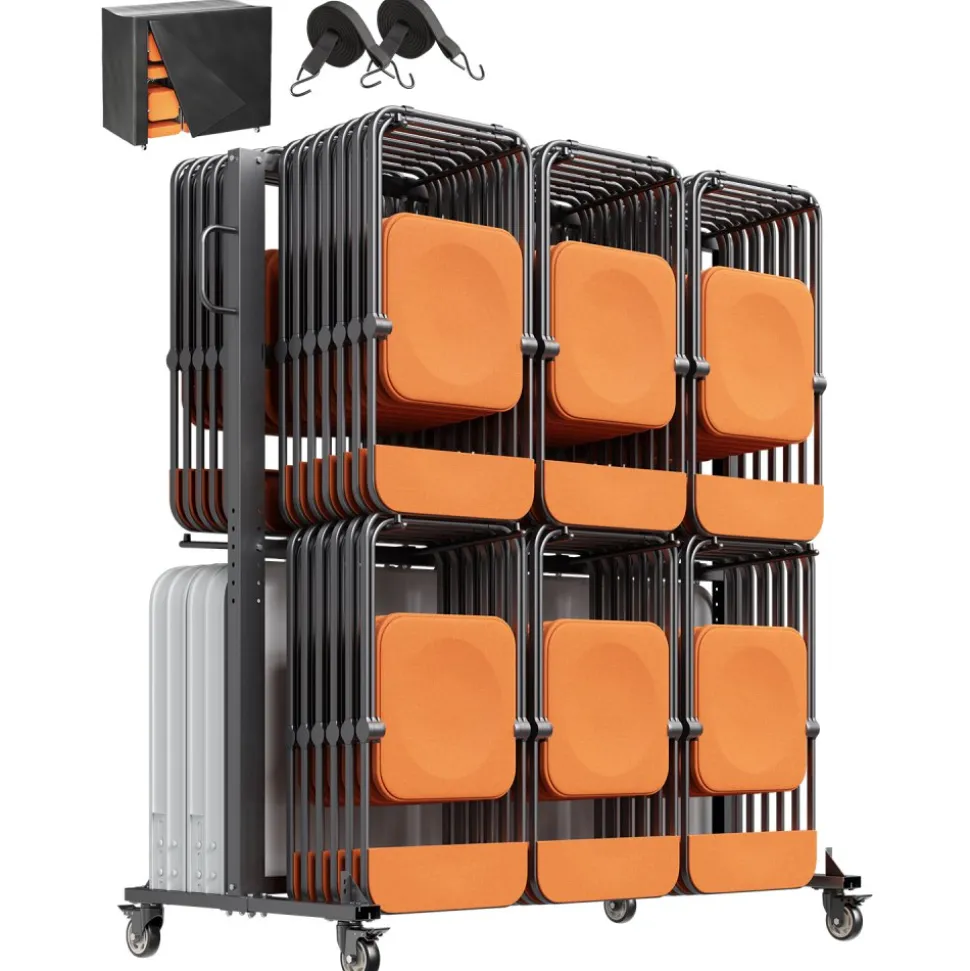 VEVOR Folding Chair Rack, 800 LBS Capacity, Heavy-duty Chair Cart for 84 Chairs/ 12 Tables+42 Chairs, Dual-layer Chair Storage Dolly with Rubber Wheels and Holders, Large Chair Holder, Matte Black