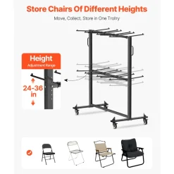 VEVOR Folding Chair Rack, 800 LBS Capacity, Heavy-duty Chair Cart for 84 Chairs/ 12 Tables+42 Chairs, Dual-layer Chair Storage Dolly with Rubber Wheels and Holders, Large Chair Holder, Matte Black