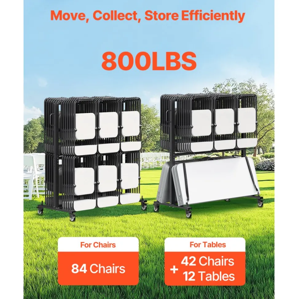 VEVOR Folding Chair Rack, 800 LBS Capacity, Heavy-duty Chair Cart for 84 Chairs/ 12 Tables+42 Chairs, Dual-layer Chair Storage Dolly with Rubber Wheels and Holders, Large Chair Holder, Matte Black