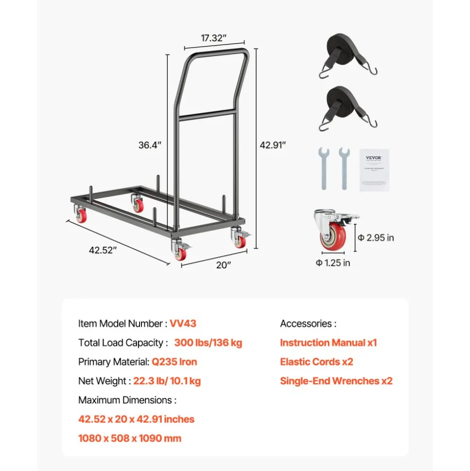VEVOR Folding Chair Rack, 300 LBS Capacity, L-shape Horizontal Placement Chair Cart for 25 Chairs, Heavy-duty Metal Chair Storage Dolly with Rubber Wheels and Holders, Large Chair Holder, Matte Black