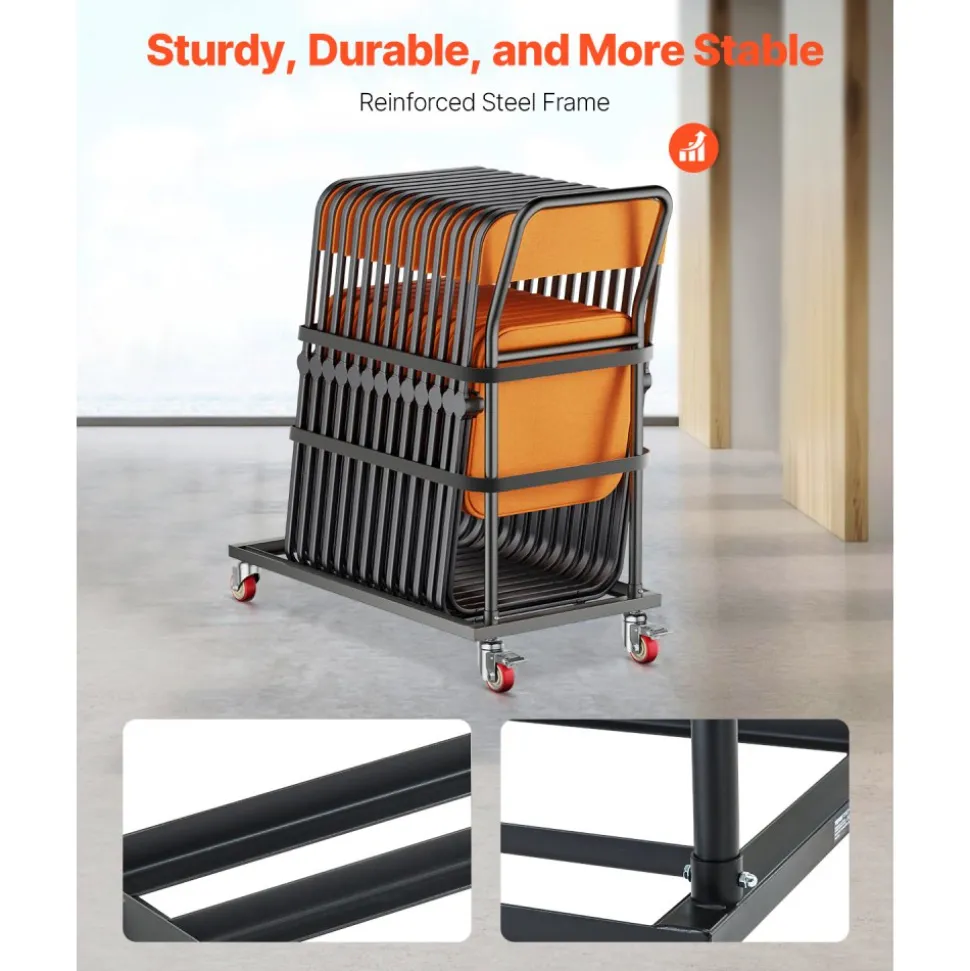 VEVOR Folding Chair Rack, 300 LBS Capacity, L-shape Vertical Placement Chair Cart for 25 Chairs, Heavy-duty Metal Chair Storage Dolly with Rubber Wheels, Multi-Function Chair Holder, Matte Black
