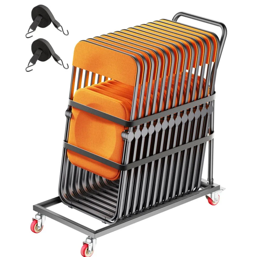 VEVOR Folding Chair Rack, 300 LBS Capacity, L-shape Vertical Placement Chair Cart for 25 Chairs, Heavy-duty Metal Chair Storage Dolly with Rubber Wheels, Multi-Function Chair Holder, Matte Black