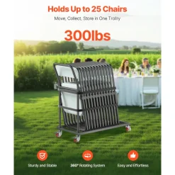 VEVOR Folding Chair Rack, 300 LBS Capacity, L-shape Vertical Placement Chair Cart for 25 Chairs, Heavy-duty Metal Chair Storage Dolly with Rubber Wheels, Multi-Function Chair Holder, Matte Black
