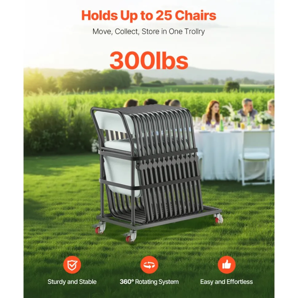 VEVOR Folding Chair Rack, 300 LBS Capacity, L-shape Vertical Placement Chair Cart for 25 Chairs, Heavy-duty Metal Chair Storage Dolly with Rubber Wheels, Multi-Function Chair Holder, Matte Black