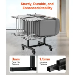 VEVOR Folding Chair Rack, 200 LBS Capacity, T-shape Chair Cart for 14 Chairs, Heavy-duty Metal Chair Storage Dolly with Rubber Wheels, Multi-Function Chair Holder for Party Event,Hotel, Matte Black