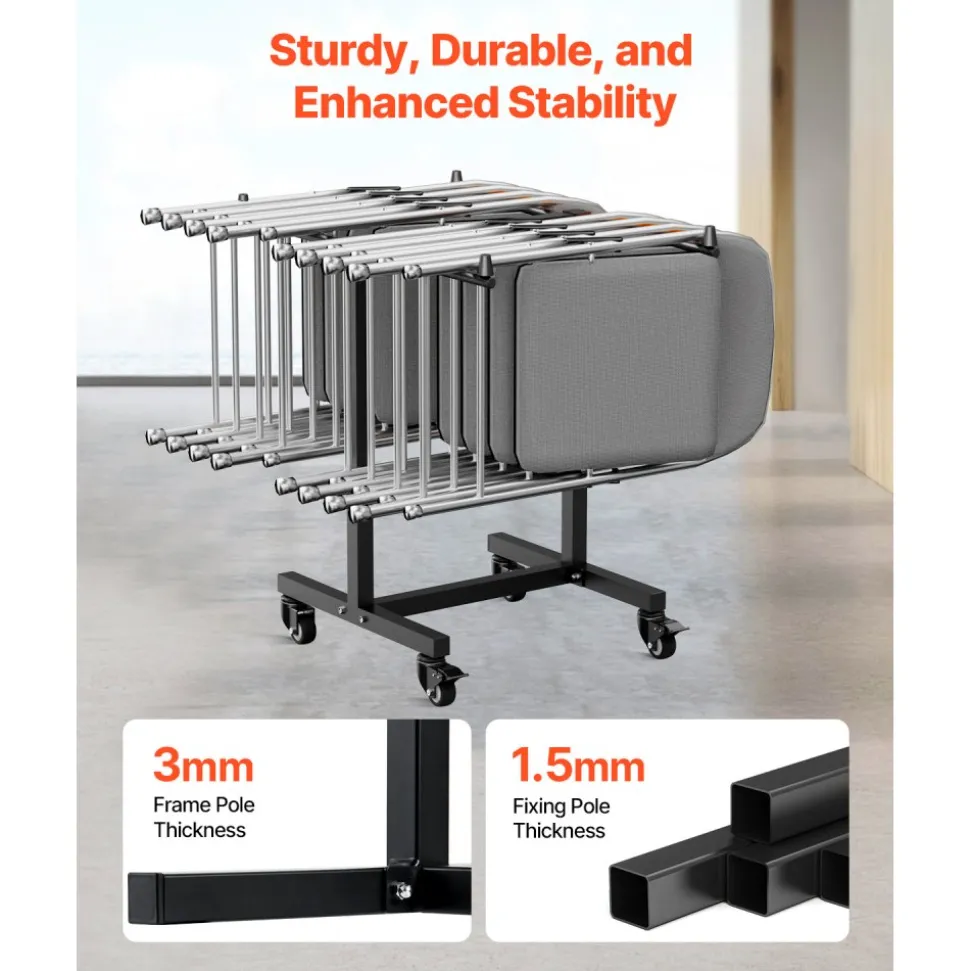 VEVOR Folding Chair Rack, 200 LBS Capacity, T-shape Chair Cart for 14 Chairs, Heavy-duty Metal Chair Storage Dolly with Rubber Wheels, Multi-Function Chair Holder for Party Event,Hotel, Matte Black