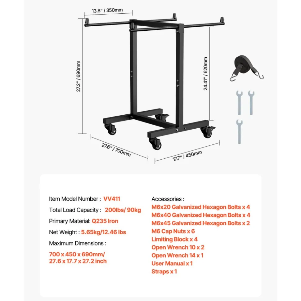 VEVOR Folding Chair Rack, 200 LBS Capacity, T-shape Chair Cart for 14 Chairs, Heavy-duty Metal Chair Storage Dolly with Rubber Wheels, Multi-Function Chair Holder for Party Event,Hotel, Matte Black