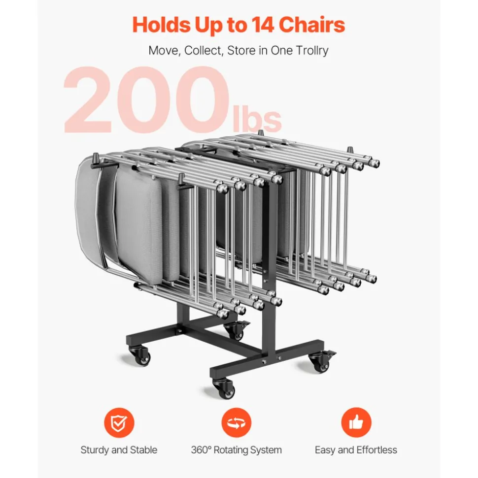 VEVOR Folding Chair Rack, 200 LBS Capacity, T-shape Chair Cart for 14 Chairs, Heavy-duty Metal Chair Storage Dolly with Rubber Wheels, Multi-Function Chair Holder for Party Event,Hotel, Matte Black