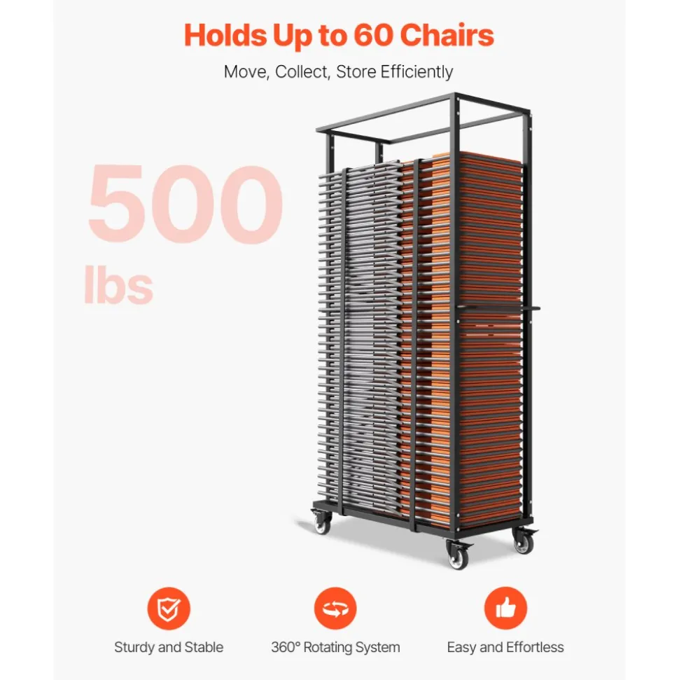 VEVOR Folding Chair Rack, 500 LBS Capacity, Heavy-duty Chair Cart for 60 Chairs, Metal Chair Storage Dolly Chair Holder with Swivel Casters and Locking Wheels, for Party Event,Hotel,Matte Black