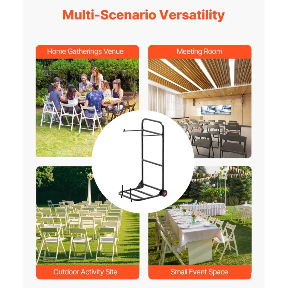 VEVOR Folding Chair Rack, 100 LBS Capacity, Heavy-duty Chair Cart for Hanging 10 Chairs, Multi-Function Metal Chair Storage Dolly with Rubber Wheels, Push-Style Chair Holder, Matte Black