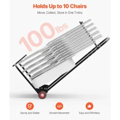 VEVOR Folding Chair Rack, 100 LBS Capacity, Heavy-duty Chair Cart for Hanging 10 Chairs, Multi-Function Metal Chair Storage Dolly with Rubber Wheels, Push-Style Chair Holder, Matte Black