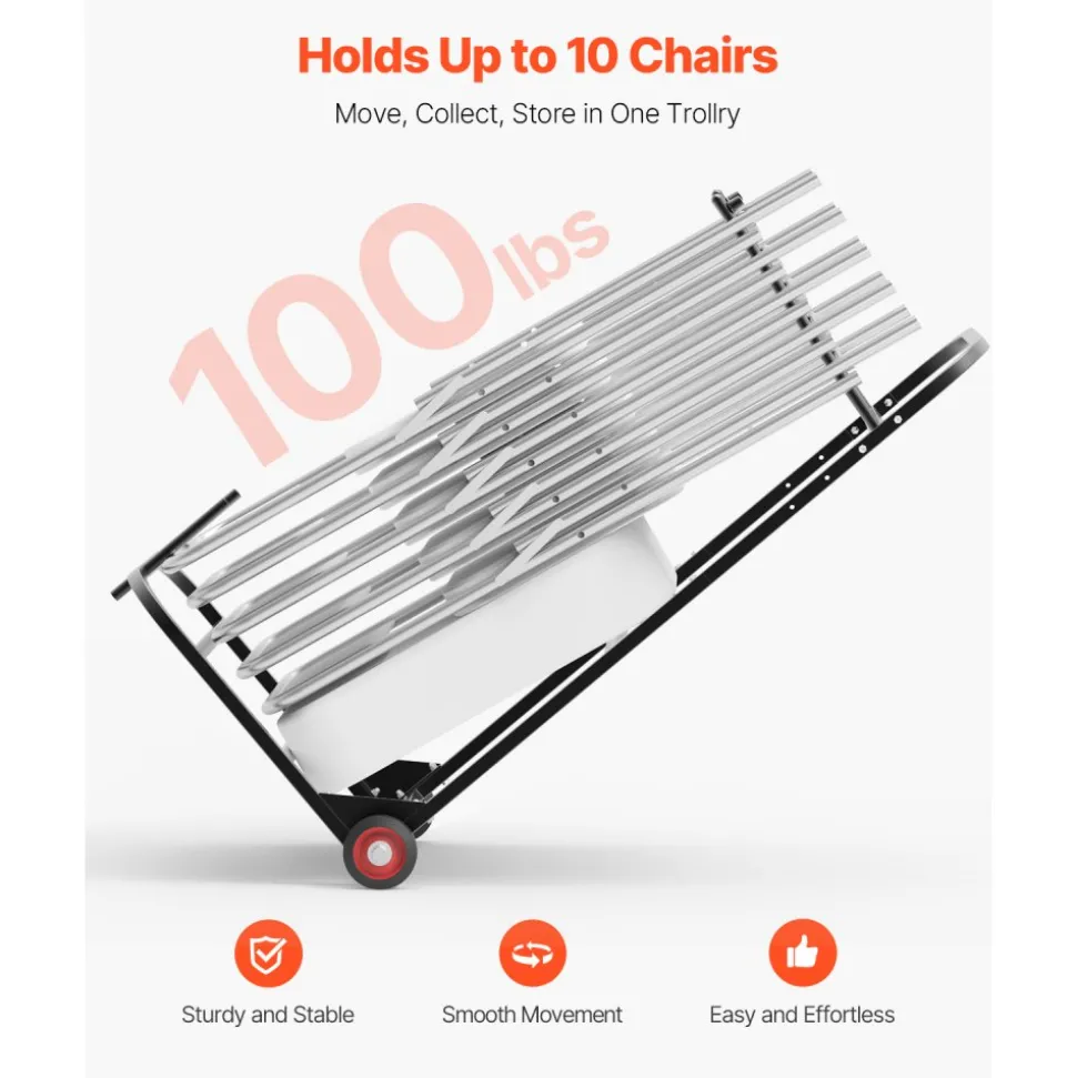 VEVOR Folding Chair Rack, 100 LBS Capacity, Heavy-duty Chair Cart for Hanging 10 Chairs, Multi-Function Metal Chair Storage Dolly with Rubber Wheels, Push-Style Chair Holder, Matte Black