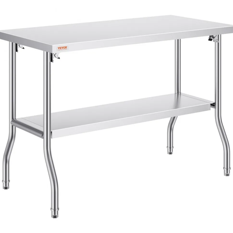 VEVOR Folding Commercial Prep Table, 48 x 24 Inch Commercial Worktable Workstation with Undershelf, Heavy-duty Stainless Steel Folding Table with 300 lbs Load, for Home Kitchen Restaurant Garage