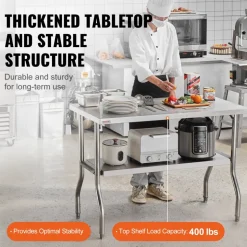 VEVOR Folding Commercial Prep Table, 48 x 24 Inch Commercial Worktable Workstation with Undershelf, Heavy-duty Stainless Steel Folding Table with 300 lbs Load, for Home Kitchen Restaurant Garage