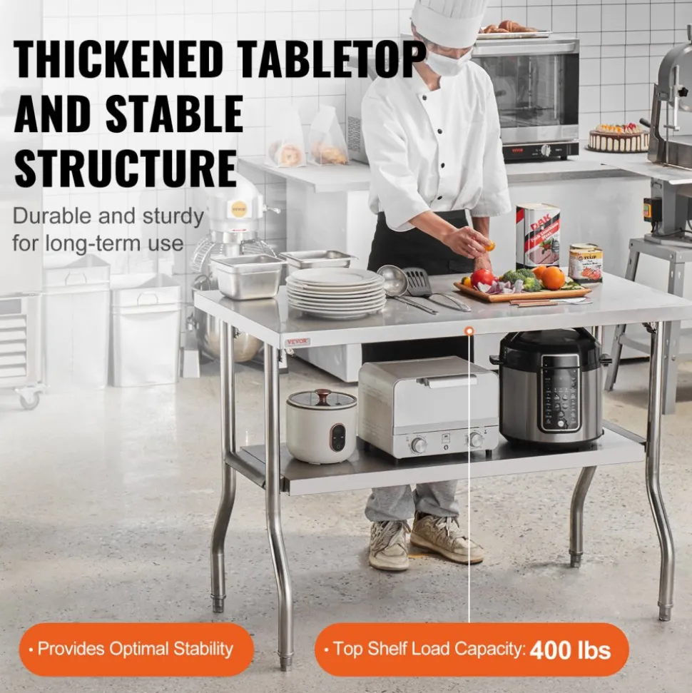 VEVOR Folding Commercial Prep Table, 48 x 24 Inch Commercial Worktable Workstation with Undershelf, Heavy-duty Stainless Steel Folding Table with 300 lbs Load, for Home Kitchen Restaurant Garage