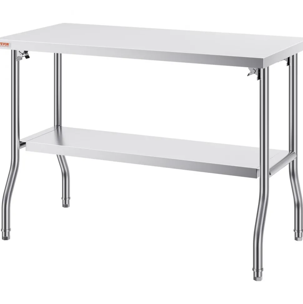 VEVOR Folding Commercial Prep Table, 48 x 24 Inch Commercial Worktable Workstation with Undershelf, Heavy-duty Stainless Steel Folding Table with 300 lbs Load, for Home Kitchen Restaurant Garage