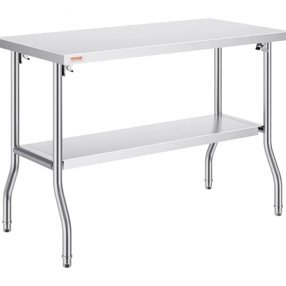 VEVOR Folding Commercial Prep Table, 48 x 24 Inch Commercial Worktable Workstation with Undershelf, Heavy-duty Stainless Steel Folding Table with 300 lbs Load, for Home Kitchen Restaurant Garage