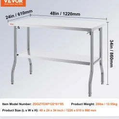 VEVOR Folding Commercial Prep Table, 48 x 24 Inch Commercial Worktable Workstation with Undershelf, Heavy-duty Stainless Steel Folding Table with 300 lbs Load, for Home Kitchen Restaurant Garage