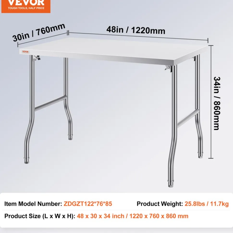 VEVOR Folding Commercial Prep Table, 48 x 30 Inch Commercial Worktable Workstation, Heavy-duty Stainless Steel Folding Table with 300 lbs Load, Kitchen Work Table, for Home Kitchen Restaurant Garage