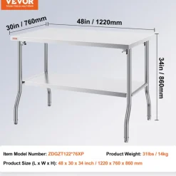 VEVOR Folding Commercial Prep Table, 48 x 30 Inch Commercial Worktable Workstation with Undershelf, Heavy-duty Stainless Steel Folding Table with 300 lbs Load, for Home Kitchen Restaurant Garage