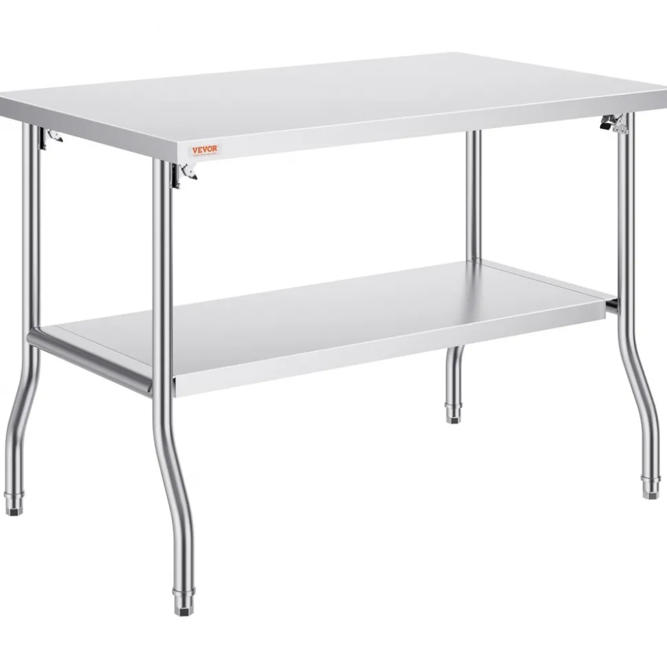 VEVOR Folding Commercial Prep Table, 48 x 30 Inch Commercial Worktable Workstation with Undershelf, Heavy-duty Stainless Steel Folding Table with 300 lbs Load, for Home Kitchen Restaurant Garage