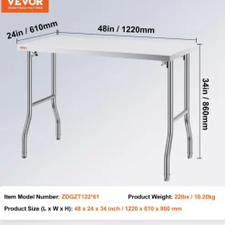 VEVOR Folding Commercial Prep Table, 48 x 24 Inch Commercial Worktable Workstation, Heavy-duty Stainless Steel Folding Table with 300 lbs Load, Kitchen Work Table, for Home Kitchen Restaurant Garage