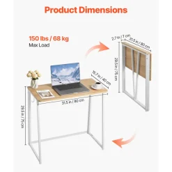 VEVOR Folding Desk, 31.5" Foldable Table for Small Spaces with Storage Hooks, Space Saving Computer Table, Writing Workstation for Home Office, Easy Assembly, Oak