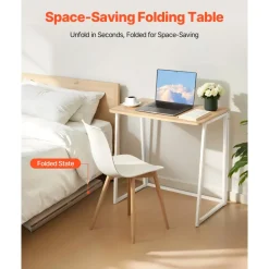 VEVOR Folding Desk, 31.5" Foldable Table for Small Spaces with Storage Hooks, Space Saving Computer Table, Writing Workstation for Home Office, Easy Assembly, Oak
