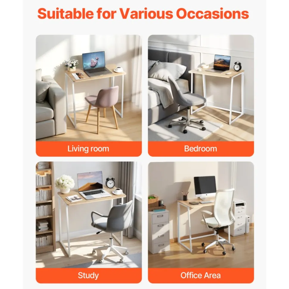 VEVOR Folding Desk, 31.5" Foldable Table for Small Spaces with Storage Hooks, Space Saving Computer Table, Writing Workstation for Home Office, Easy Assembly, Oak