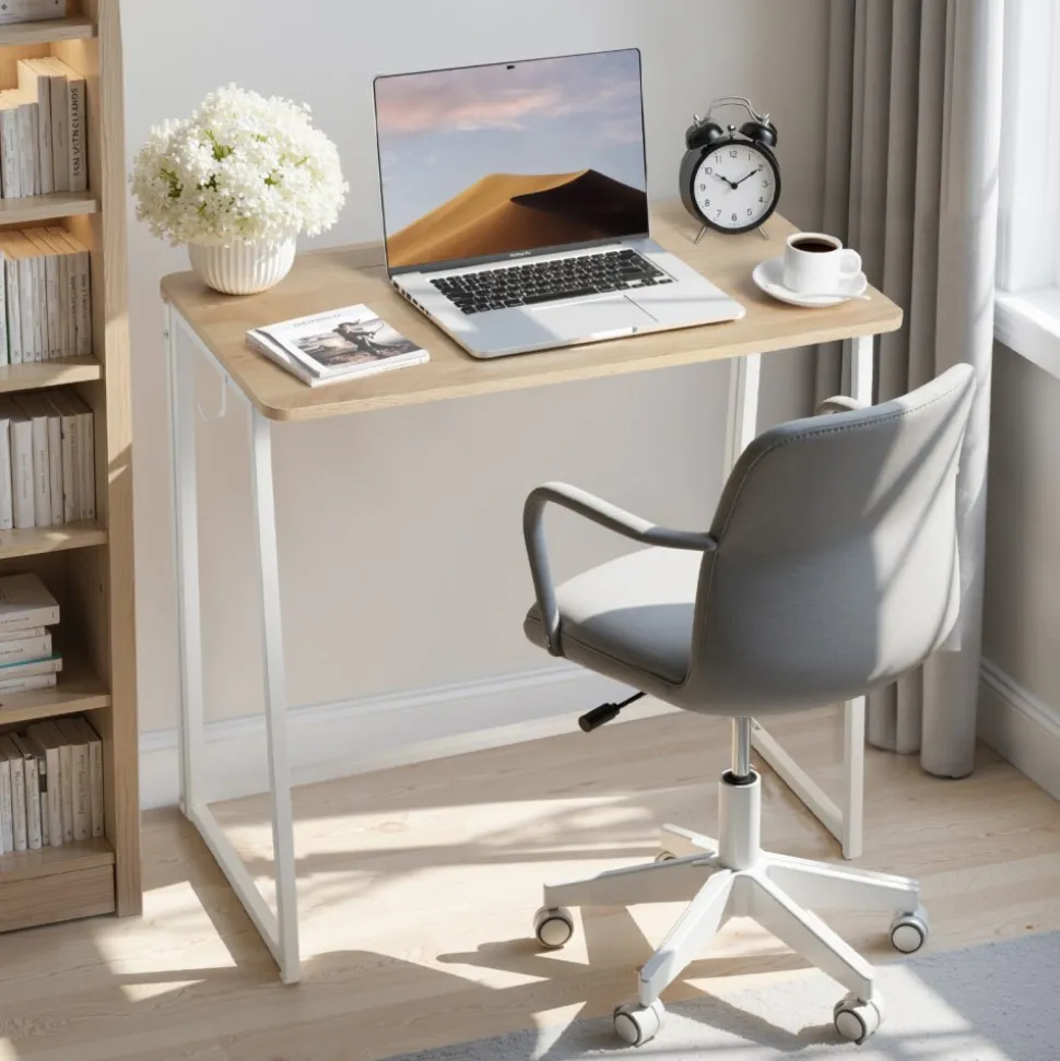 VEVOR Folding Desk, 31.5" Foldable Table for Small Spaces with Storage Hooks, Space Saving Computer Table, Writing Workstation for Home Office, Easy Assembly, Oak