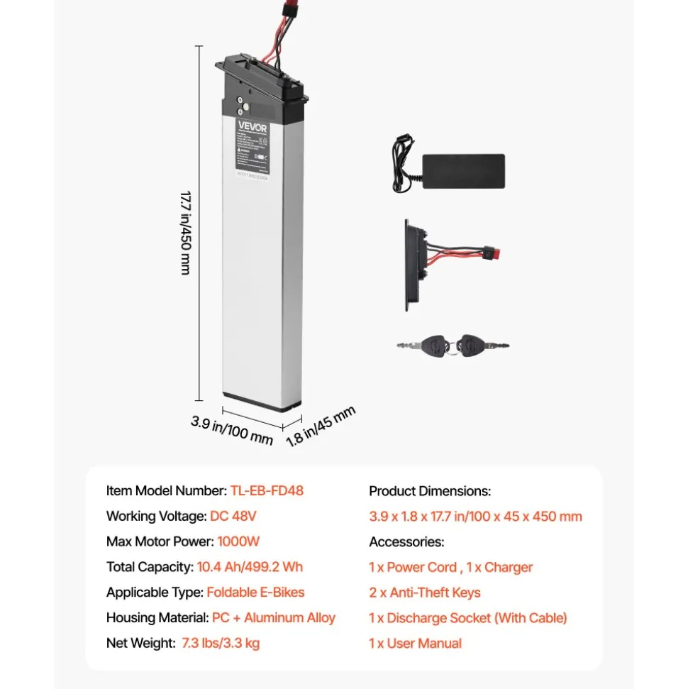 VEVOR Folding Ebike Battery, 48V 10.4Ah Electric Bike Lithium Battery Pack with BMS, 3A Charger, Lock for 1000W E-Bike Motor, Detachable Electric Bicycle Replacement Kit with Handle & Discharge Socket