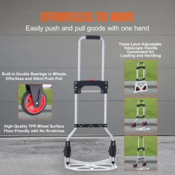 VEVOR Folding Hand Truck and Dolly, 176 lbs Capacity, Aluminum Foldable Cart, Heavy-Duty Luggage Trolley Cart with Telescoping Handle and PP+TPR Wheels for Home, Office, Shopping, Travel