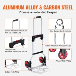 VEVOR Folding Hand Truck and Dolly, 176 lbs Capacity, Aluminum Foldable Cart, Heavy-Duty Luggage Trolley Cart with Telescoping Handle and PP+TPR Wheels for Home, Office, Shopping, Travel