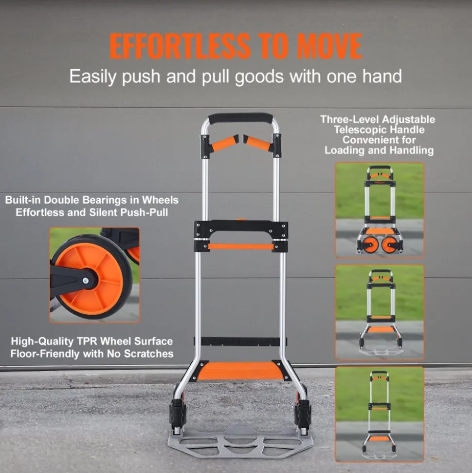 VEVOR Folding Hand Truck, 309 lbs Load Capacity, Aluminum Portable Cart, Convertible Hand Truck and Dolly with Telescoping Handle and PP+TPR Wheels, Ultra Lightweight Super Strong for Moving Warehouse