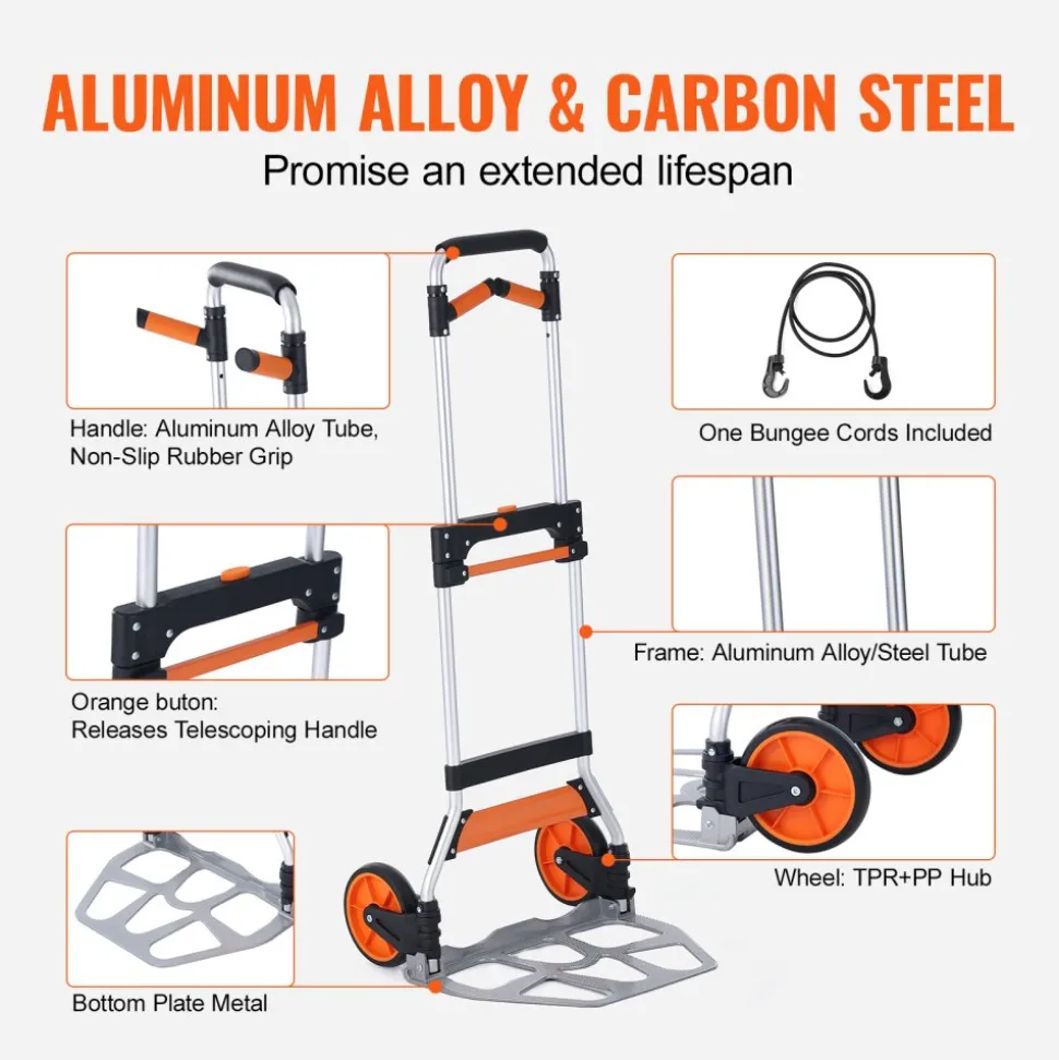 VEVOR Folding Hand Truck, 309 lbs Load Capacity, Aluminum Portable Cart, Convertible Hand Truck and Dolly with Telescoping Handle and PP+TPR Wheels, Ultra Lightweight Super Strong for Moving Warehouse