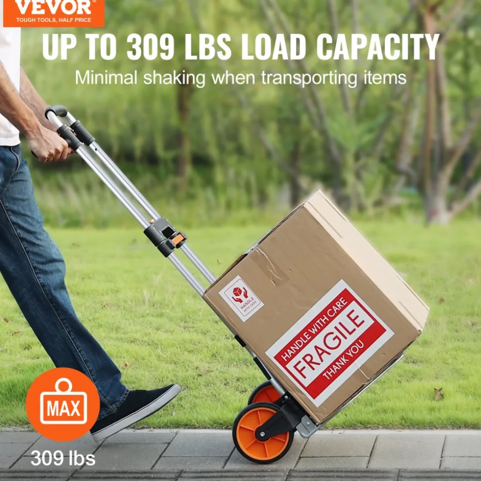 VEVOR Folding Hand Truck, 309 lbs Load Capacity, Aluminum Portable Cart, Convertible Hand Truck and Dolly with Telescoping Handle and PP+TPR Wheels, Ultra Lightweight Super Strong for Moving Warehouse