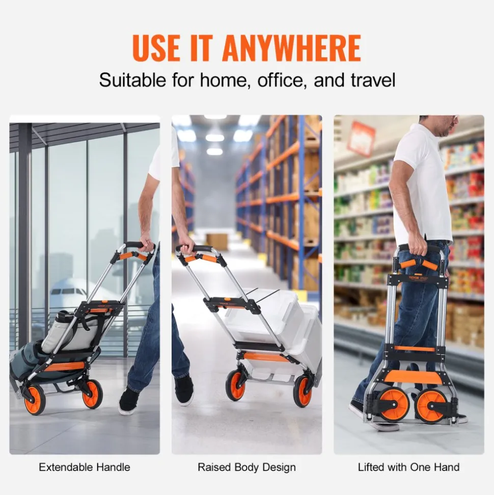 VEVOR Folding Hand Truck, 309 lbs Load Capacity, Aluminum Portable Cart, Convertible Hand Truck and Dolly with Telescoping Handle and PP+TPR Wheels, Ultra Lightweight Super Strong for Moving Warehouse