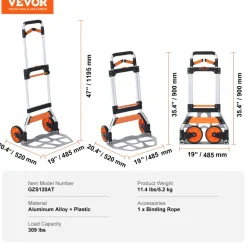 VEVOR Folding Hand Truck, 309 lbs Load Capacity, Aluminum Portable Cart, Convertible Hand Truck and Dolly with Telescoping Handle and PP+TPR Wheels, Ultra Lightweight Super Strong for Moving Warehouse