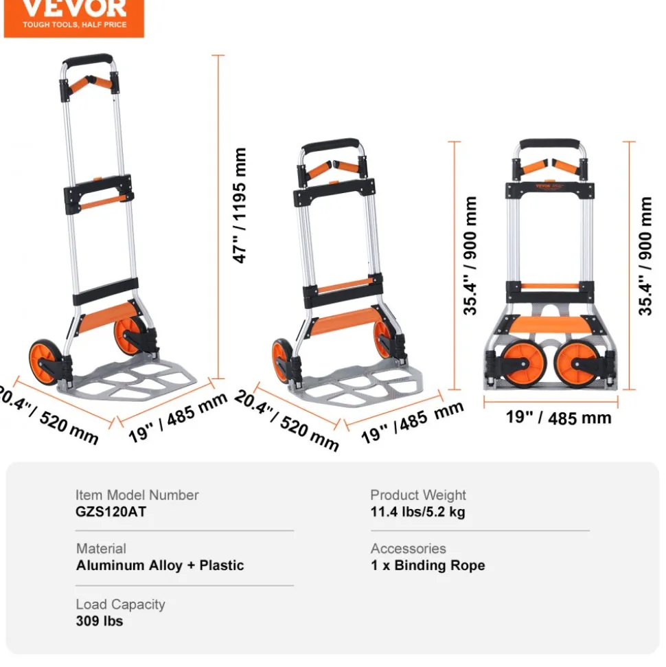 VEVOR Folding Hand Truck, 309 lbs Load Capacity, Aluminum Portable Cart, Convertible Hand Truck and Dolly with Telescoping Handle and PP+TPR Wheels, Ultra Lightweight Super Strong for Moving Warehouse