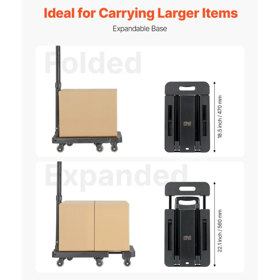 VEVOR Folding Hand Truck, 500 lbs Load Capacity, Collapsible Luggage Cart with 6 Wheels, 2 Elastic Ropes & Expandable Base, Utility Dolly Platform Cart for Airport Travel Luggage Office Moving, Black
