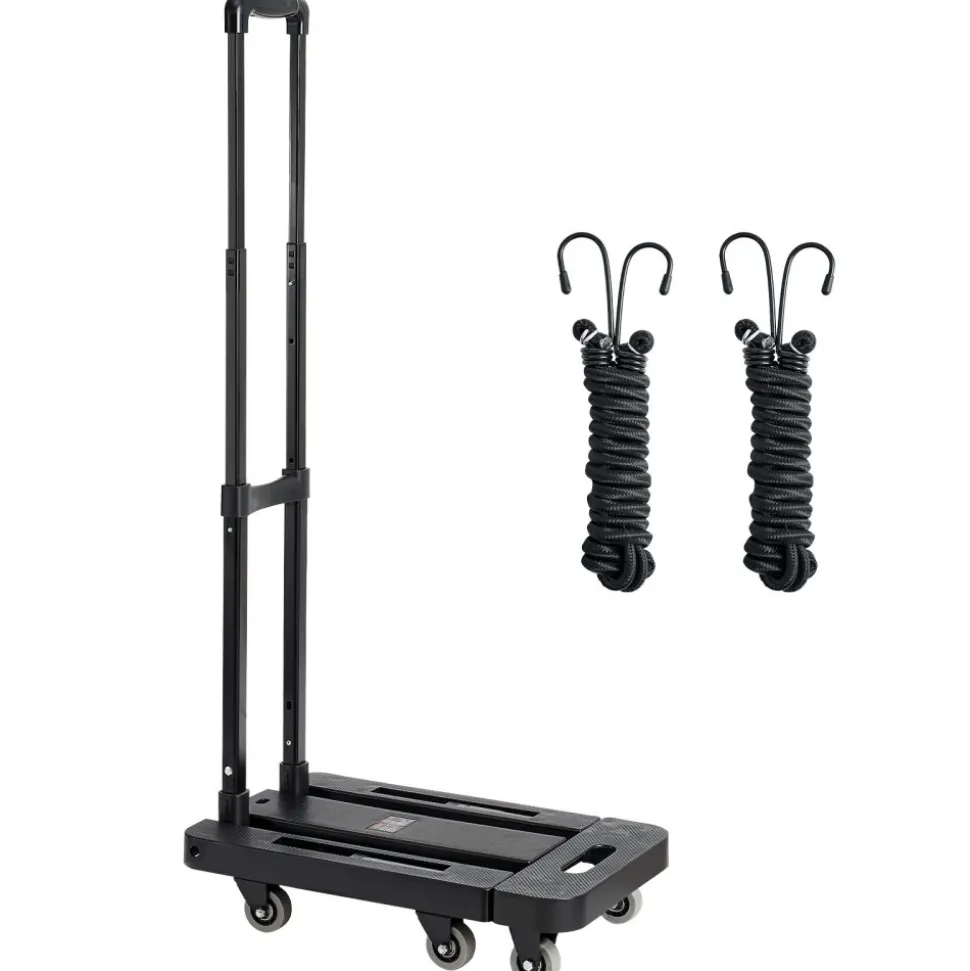 VEVOR Folding Hand Truck, 500 lbs Load Capacity, Collapsible Luggage Cart with 6 Wheels, 2 Elastic Ropes & Expandable Base, Utility Dolly Platform Cart for Airport Travel Luggage Office Moving, Black