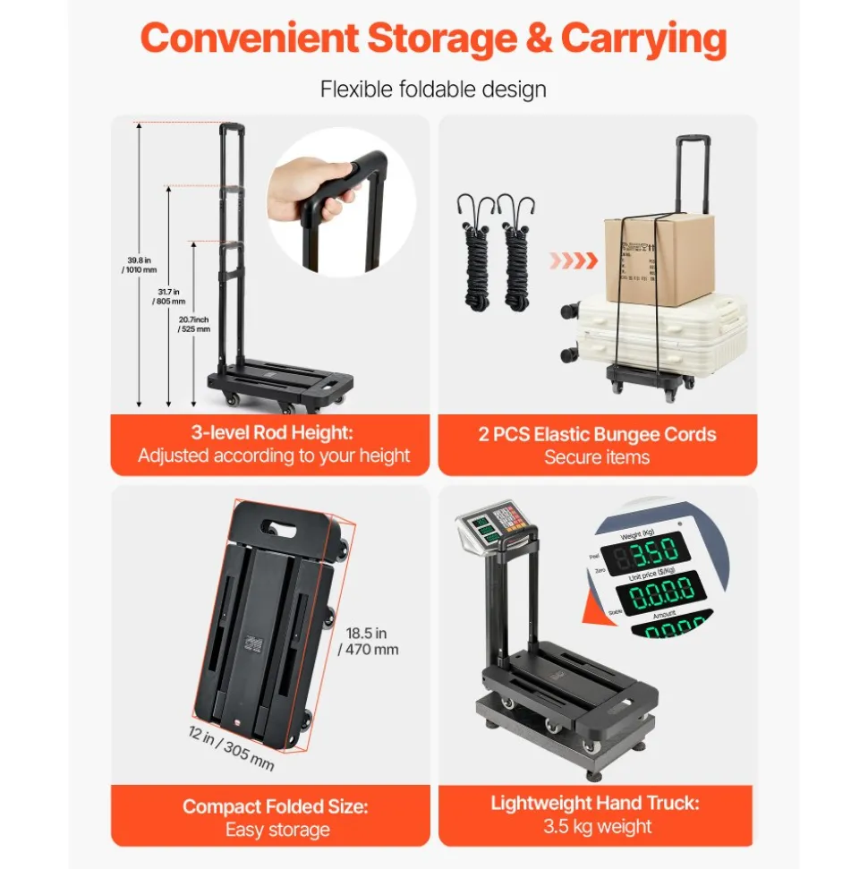 VEVOR Folding Hand Truck, 500 lbs Load Capacity, Collapsible Luggage Cart with 6 Wheels, 2 Elastic Ropes & Expandable Base, Utility Dolly Platform Cart for Airport Travel Luggage Office Moving, Black