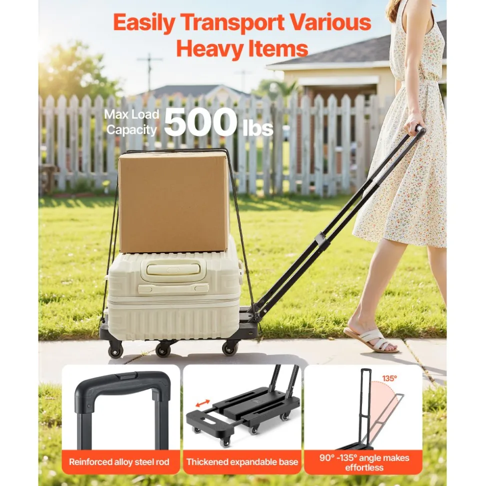 VEVOR Folding Hand Truck, 500 lbs Load Capacity, Collapsible Luggage Cart with 6 Wheels, 2 Elastic Ropes & Expandable Base, Utility Dolly Platform Cart for Airport Travel Luggage Office Moving, Black