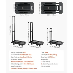 VEVOR Folding Hand Truck, 500 lbs Load Capacity, Collapsible Luggage Cart with 6 Wheels, 2 Elastic Ropes & Expandable Base, Utility Dolly Platform Cart for Airport Travel Luggage Office Moving, Black
