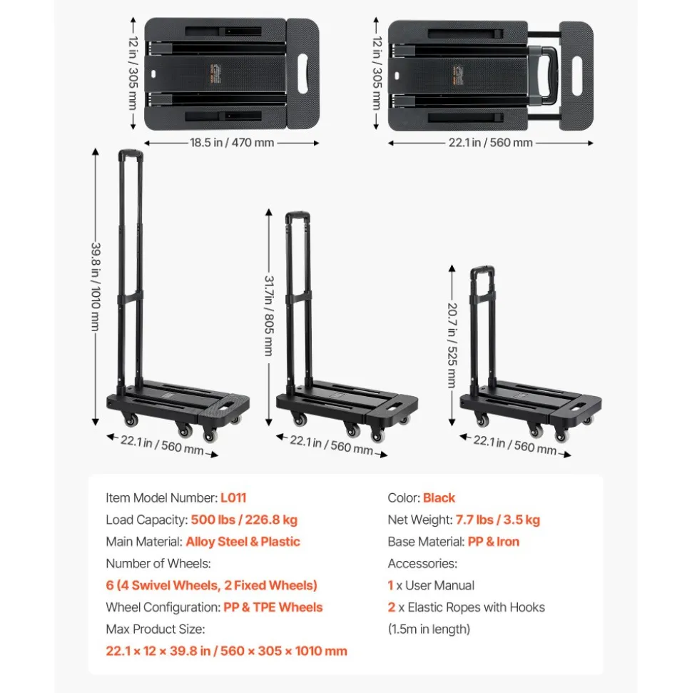 VEVOR Folding Hand Truck, 500 lbs Load Capacity, Collapsible Luggage Cart with 6 Wheels, 2 Elastic Ropes & Expandable Base, Utility Dolly Platform Cart for Airport Travel Luggage Office Moving, Black