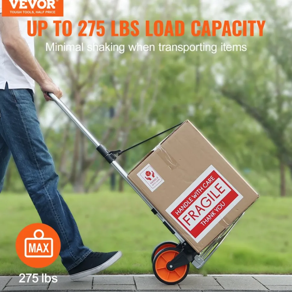 VEVOR Folding Hand Truck, 275 lbs Load Capacity, Aluminum Portable Cart, Convertible Hand Truck and Dolly with Telescoping Handle and PP+TPR Wheels, Ultra Lightweight Super Strong for Moving Warehouse