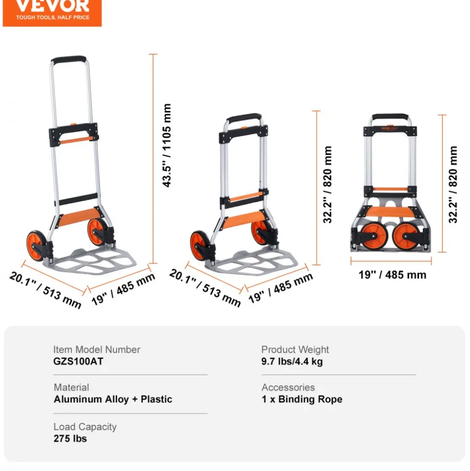 VEVOR Folding Hand Truck, 275 lbs Load Capacity, Aluminum Portable Cart, Convertible Hand Truck and Dolly with Telescoping Handle and PP+TPR Wheels, Ultra Lightweight Super Strong for Moving Warehouse