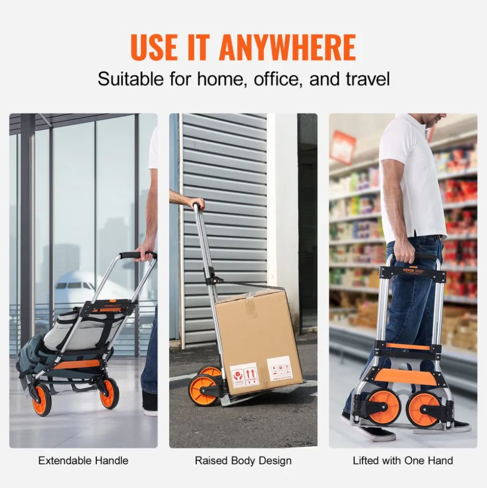 VEVOR Folding Hand Truck, 275 lbs Load Capacity, Aluminum Portable Cart, Convertible Hand Truck and Dolly with Telescoping Handle and PP+TPR Wheels, Ultra Lightweight Super Strong for Moving Warehouse