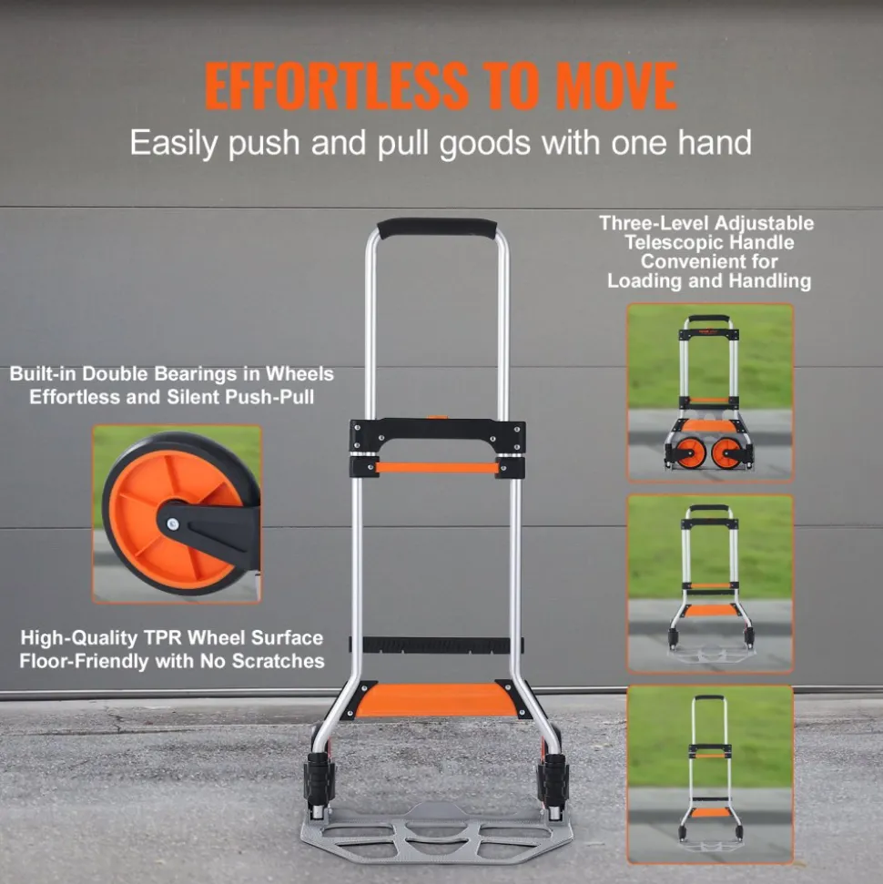 VEVOR Folding Hand Truck, 275 lbs Load Capacity, Aluminum Portable Cart, Convertible Hand Truck and Dolly with Telescoping Handle and PP+TPR Wheels, Ultra Lightweight Super Strong for Moving Warehouse